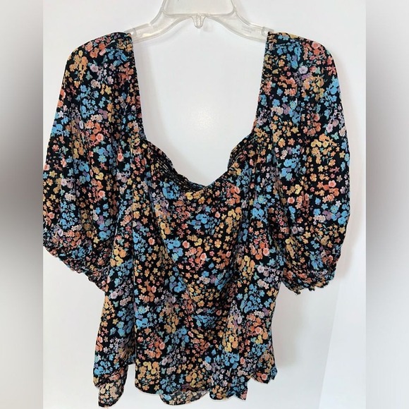 a.n.a. woman's ruched off shoulder floral‎ navy short sleeve flowy top size 2X - Picture 4 of 8